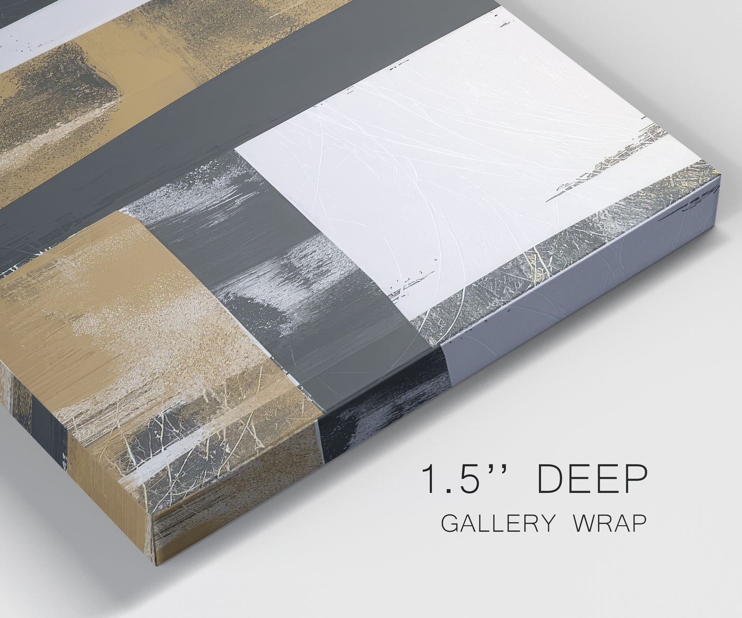 Close-up view of wrapped canvas corner featuring industrial mid century abstract glitch.