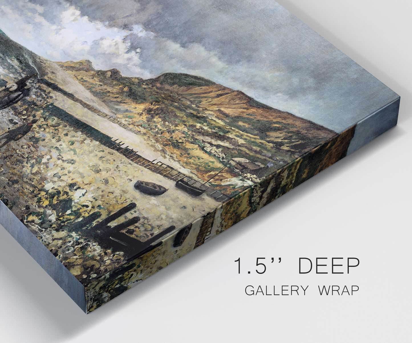 Close-up view of wrapped canvas corner featuring sunset beach with glowing sky.