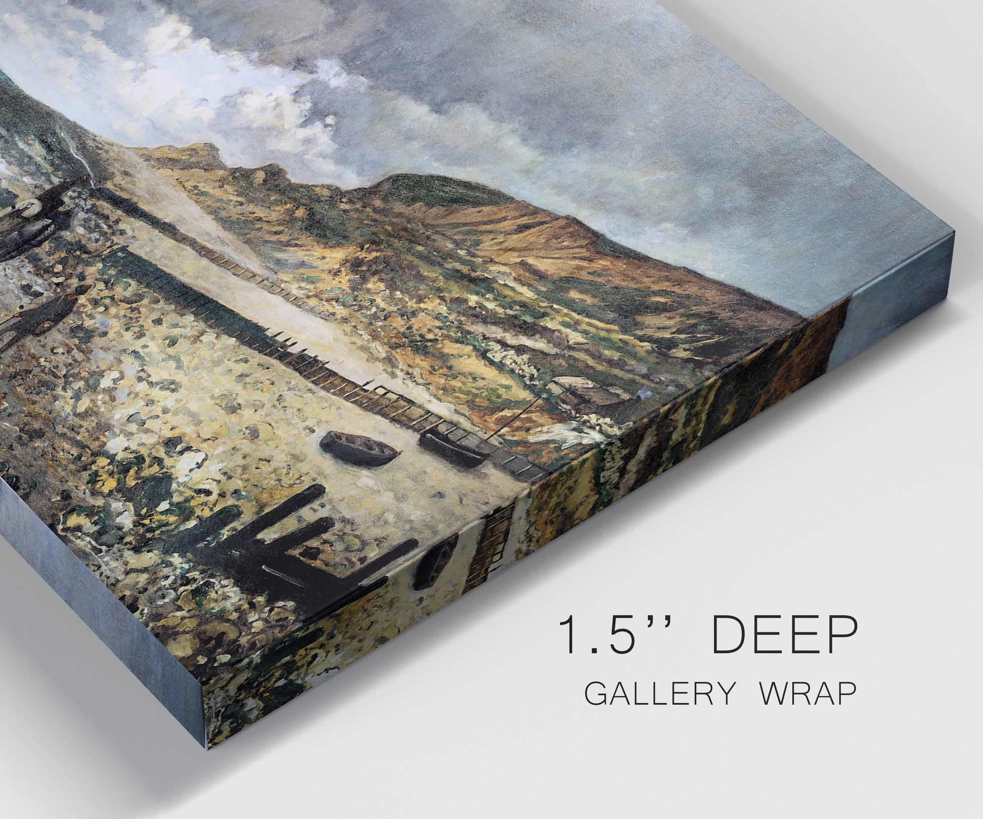 Close-up view of wrapped canvas corner featuring sunset beach with glowing sky.