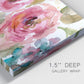Close-up view of wrapped canvas corner featuring colorful floral watercolor composition.