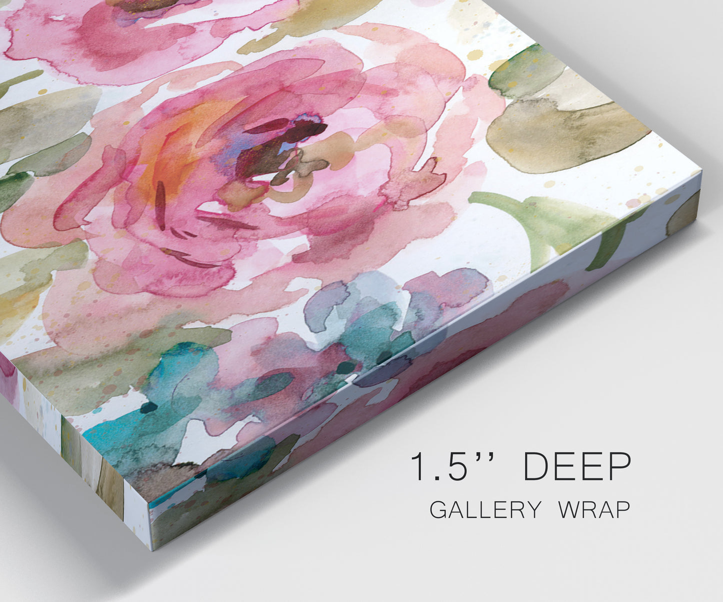 Close-up view of wrapped canvas corner featuring colorful floral watercolor composition.