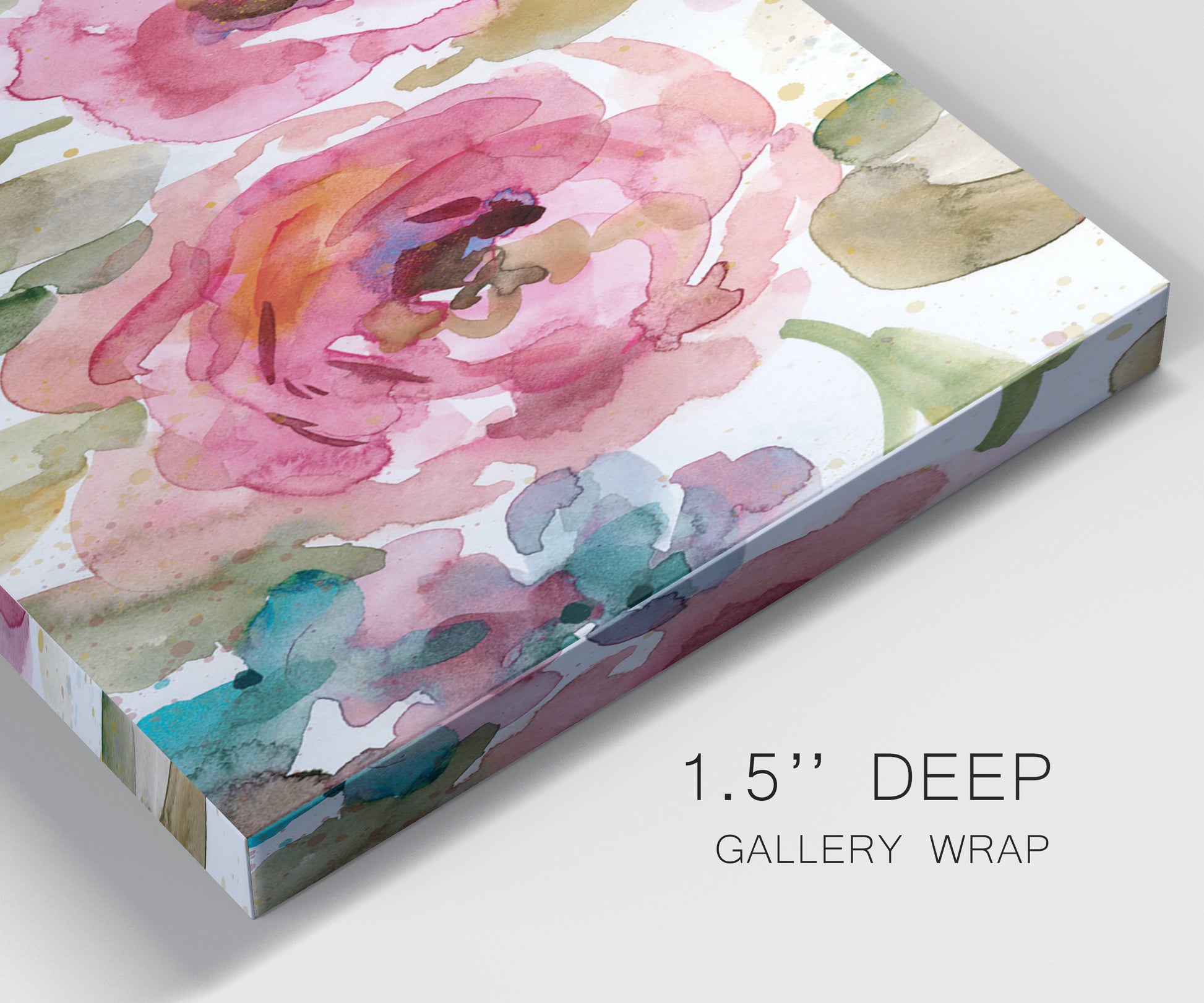 Close-up view of wrapped canvas corner featuring colorful floral watercolor composition.