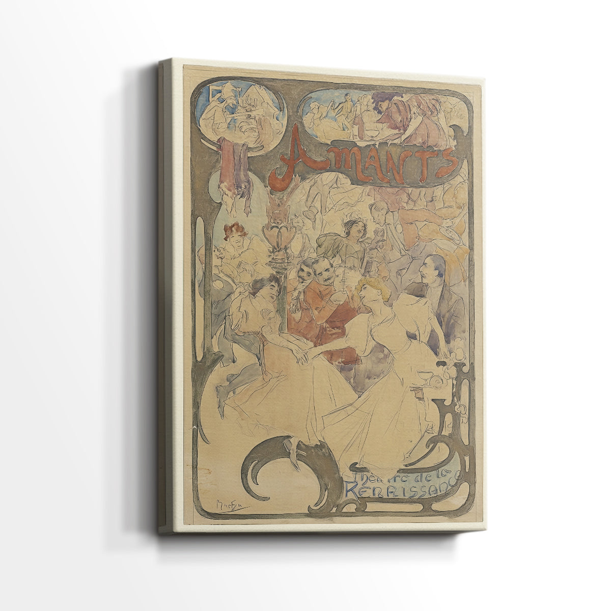 Side view of a canvas art print of a stylized depiction of lovers surrounded by decorative patterns, showing gallery-wrapped depth.