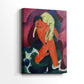 Side view of a canvas art print of a modern composition with soft shapes and vivid color, showing gallery-wrapped depth.
