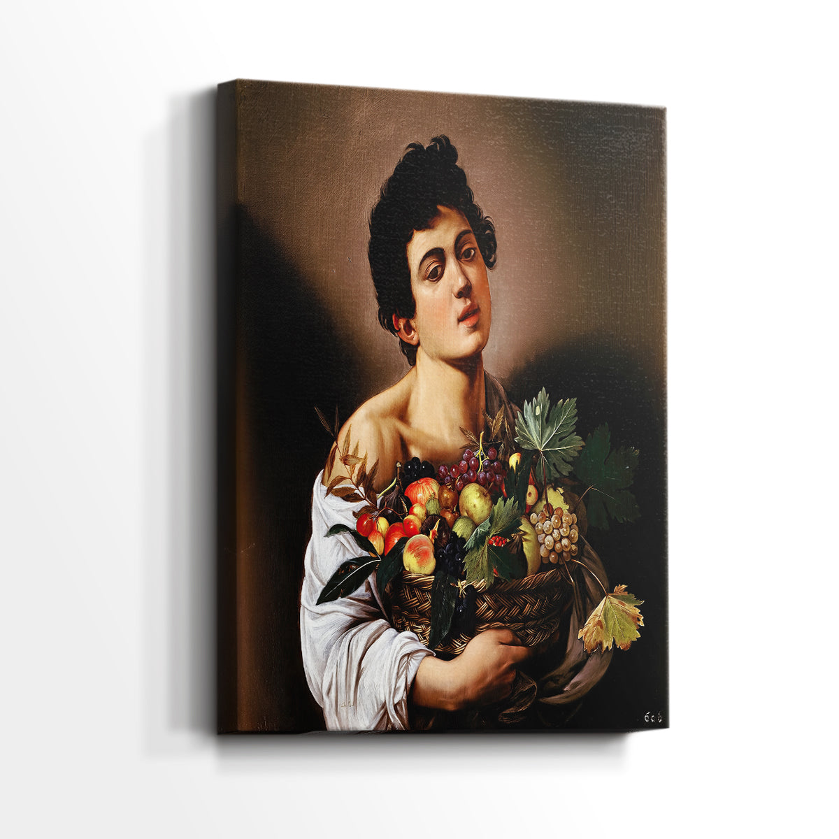 Side view of a canvas art print of a still life and portrait combination with rich tones, showing gallery-wrapped depth.