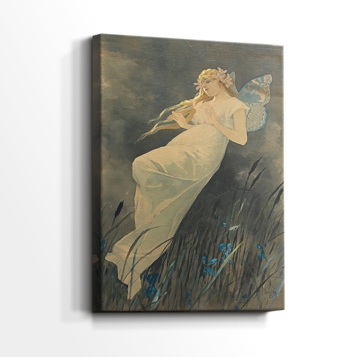 Side view of a canvas art print of a decorative illustration with whimsical elements and flowing lines, showing gallery-wrapped depth.