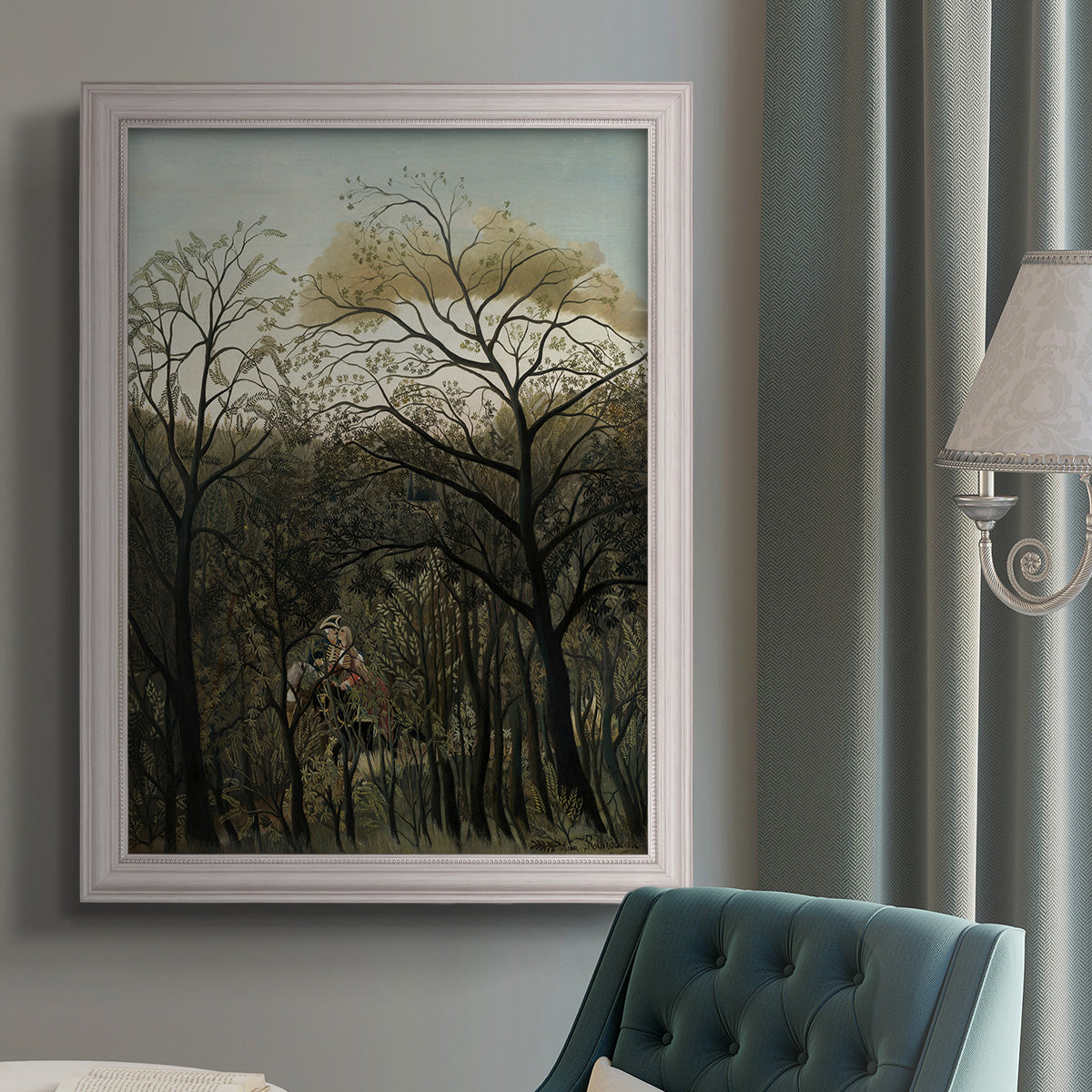 Dreamlike forest landscape scene by Henri Rousseau in an {frame_style_descriptor} displayed in a neutral interior setting.