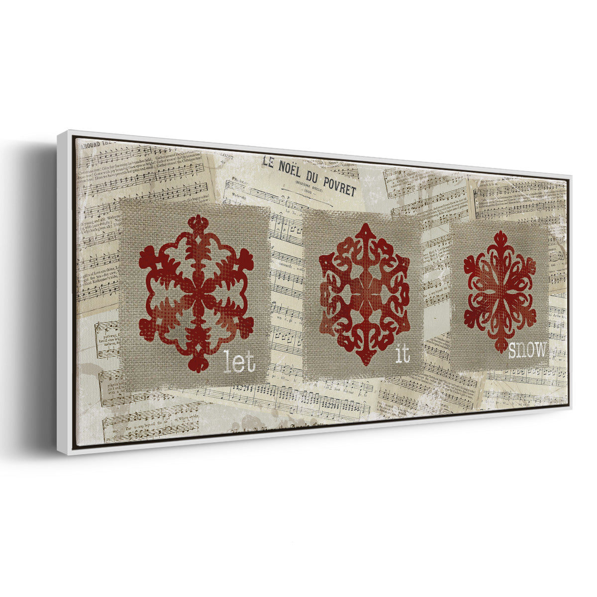 Burlap Music Snowflakes - Floater Framed Canvas Print