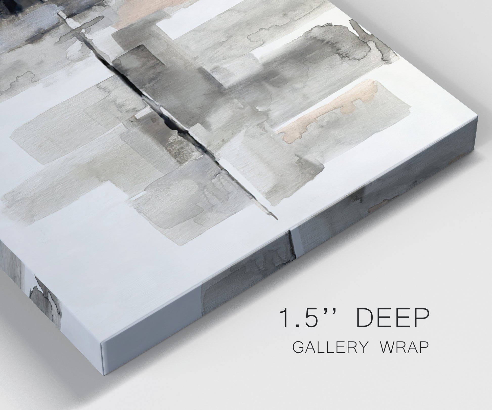 Close-up view of wrapped canvas corner featuring urban abstract watercolor oasis.