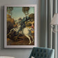 Religious painting of Saint George slaying the dragon by Raphael in an {frame_style_descriptor} displayed in a neutral interior setting.