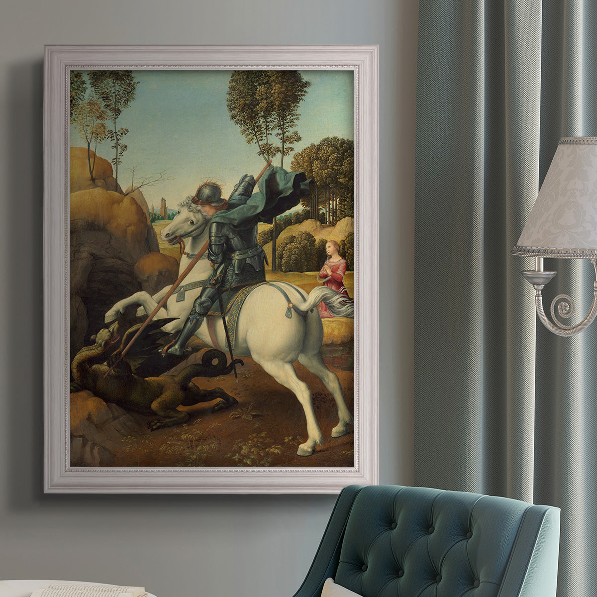 Religious painting of Saint George slaying the dragon by Raphael in an {frame_style_descriptor} displayed in a neutral interior setting.