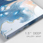 Close-up view of wrapped canvas corner featuring flowing blue abstract movement.