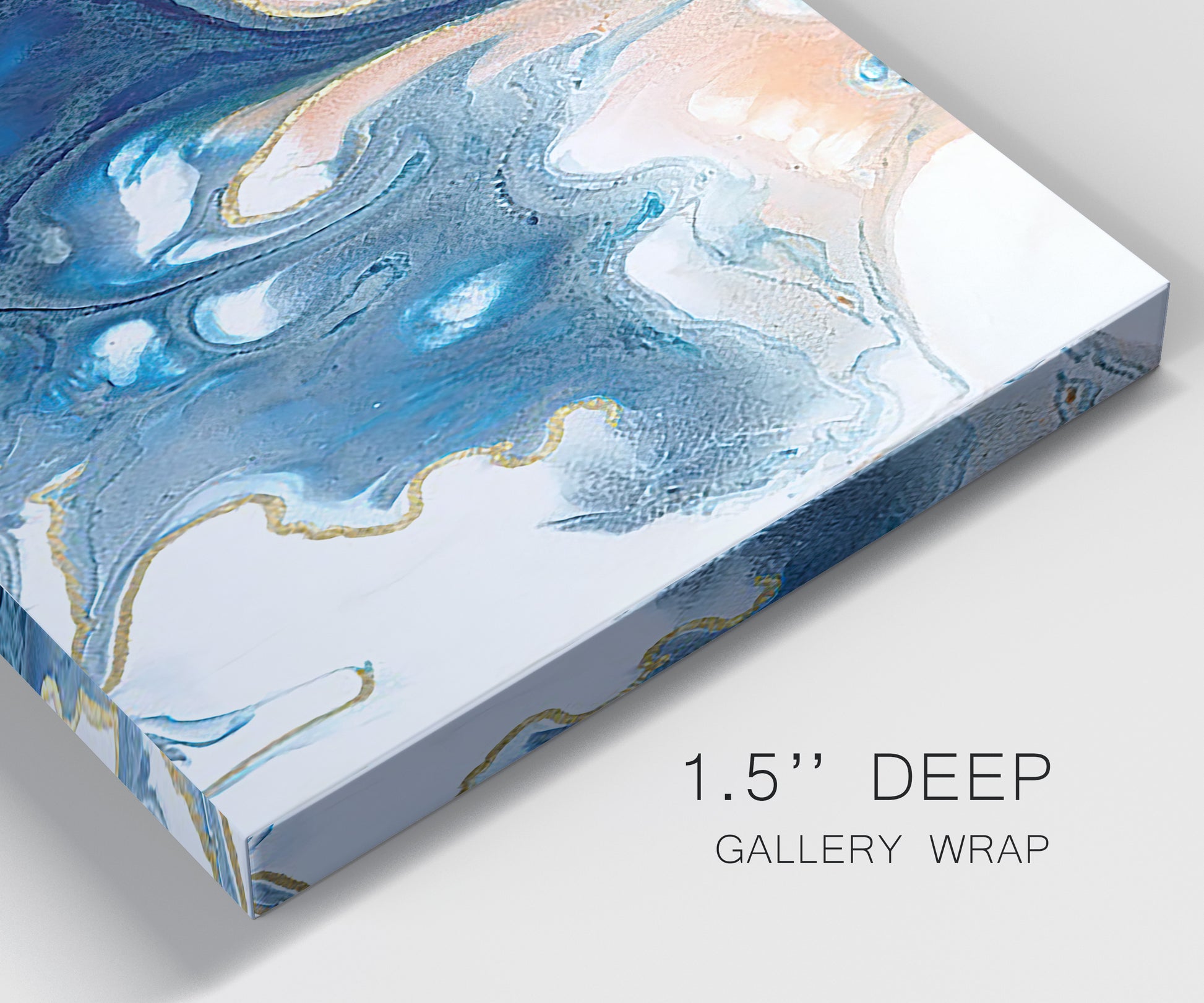 Close-up view of wrapped canvas corner featuring flowing blue abstract movement.