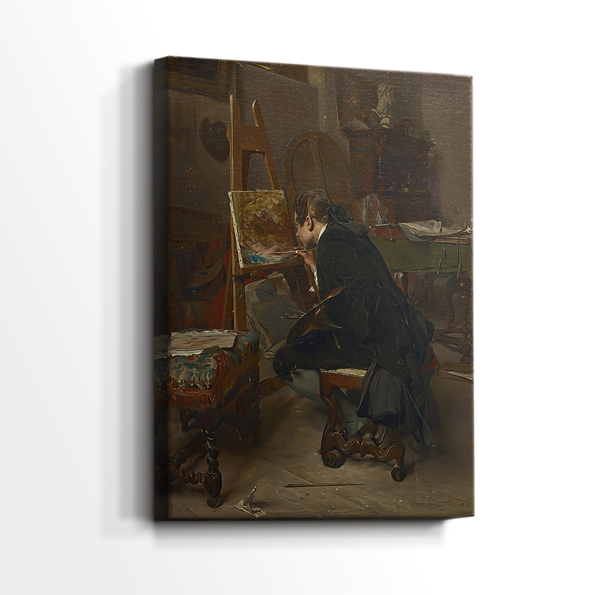 Side view of a canvas art print of a quiet interior scene with a painter and subtle light, showing gallery-wrapped depth.