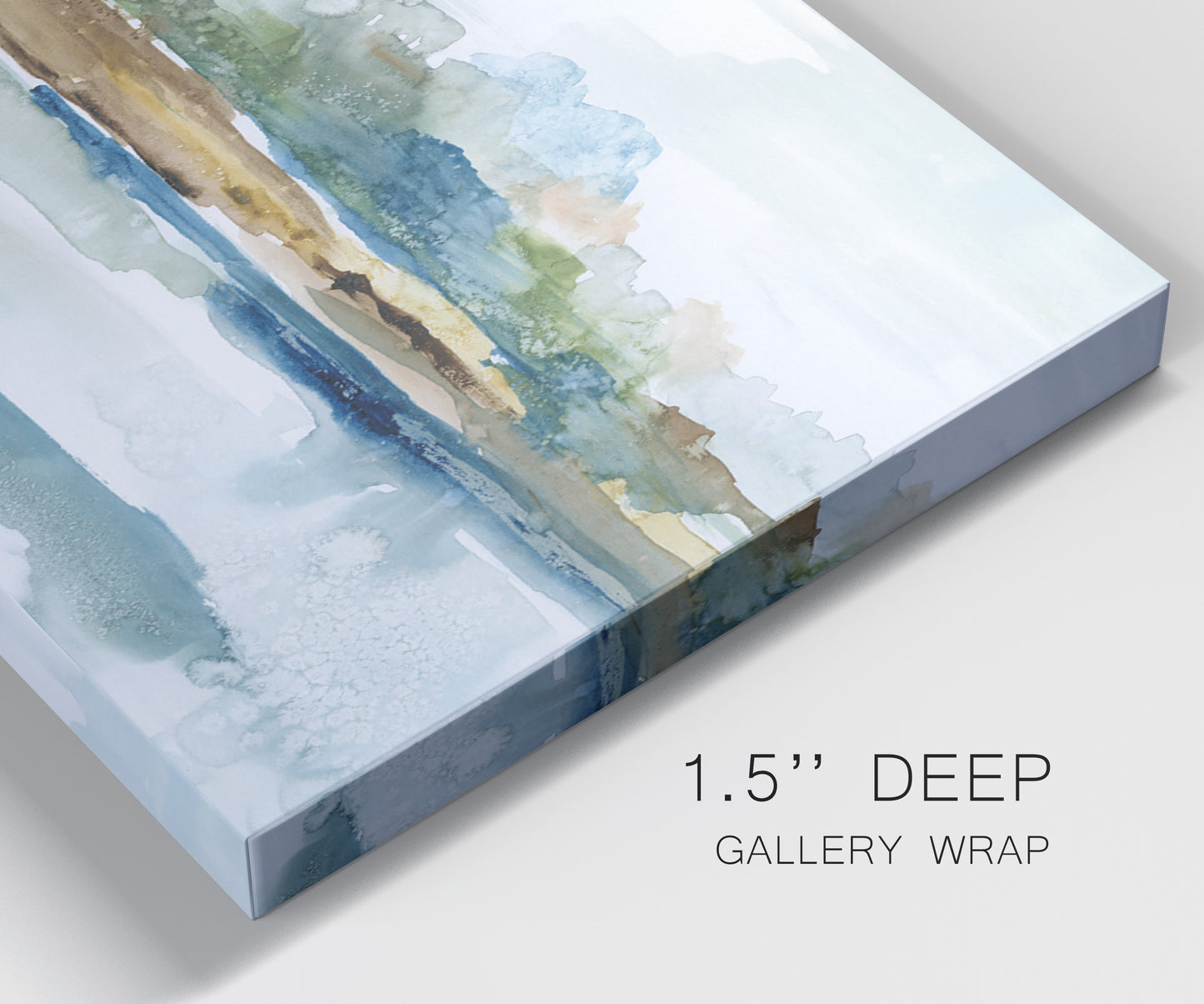 Close-up view of wrapped canvas corner featuring flowing blue abstract watercolor.