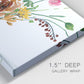 Close-up view of wrapped canvas corner featuring vibrant floral bouquet.