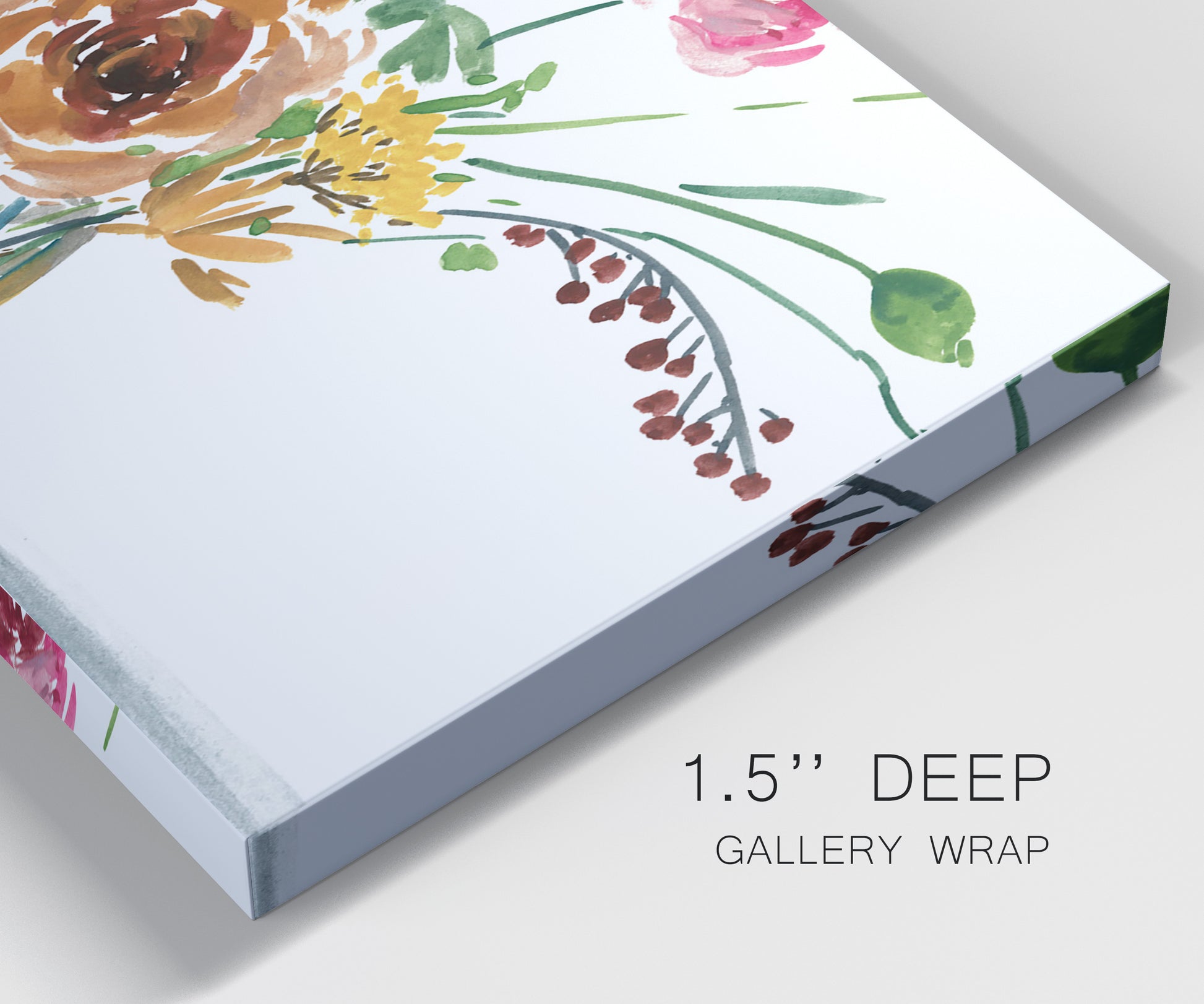 Close-up view of wrapped canvas corner featuring vibrant floral bouquet.