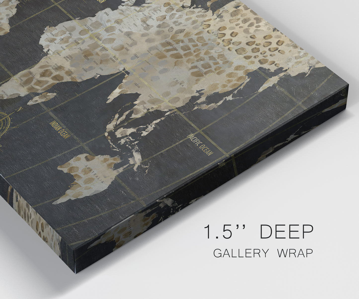 Close-up view of wrapped canvas corner featuring illustrated safari world map.