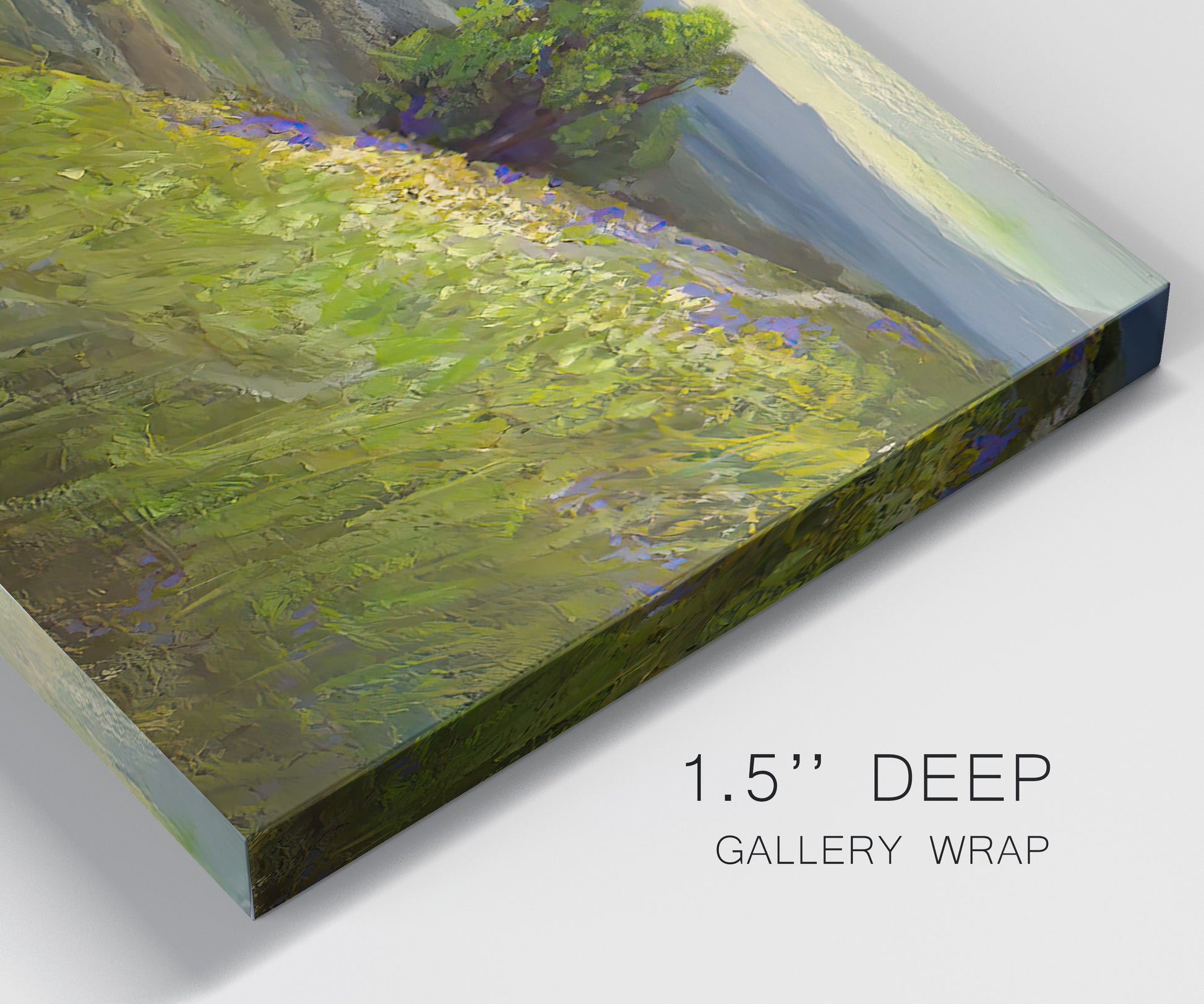 Close-up view of wrapped canvas corner featuring winding path through rolling hills.