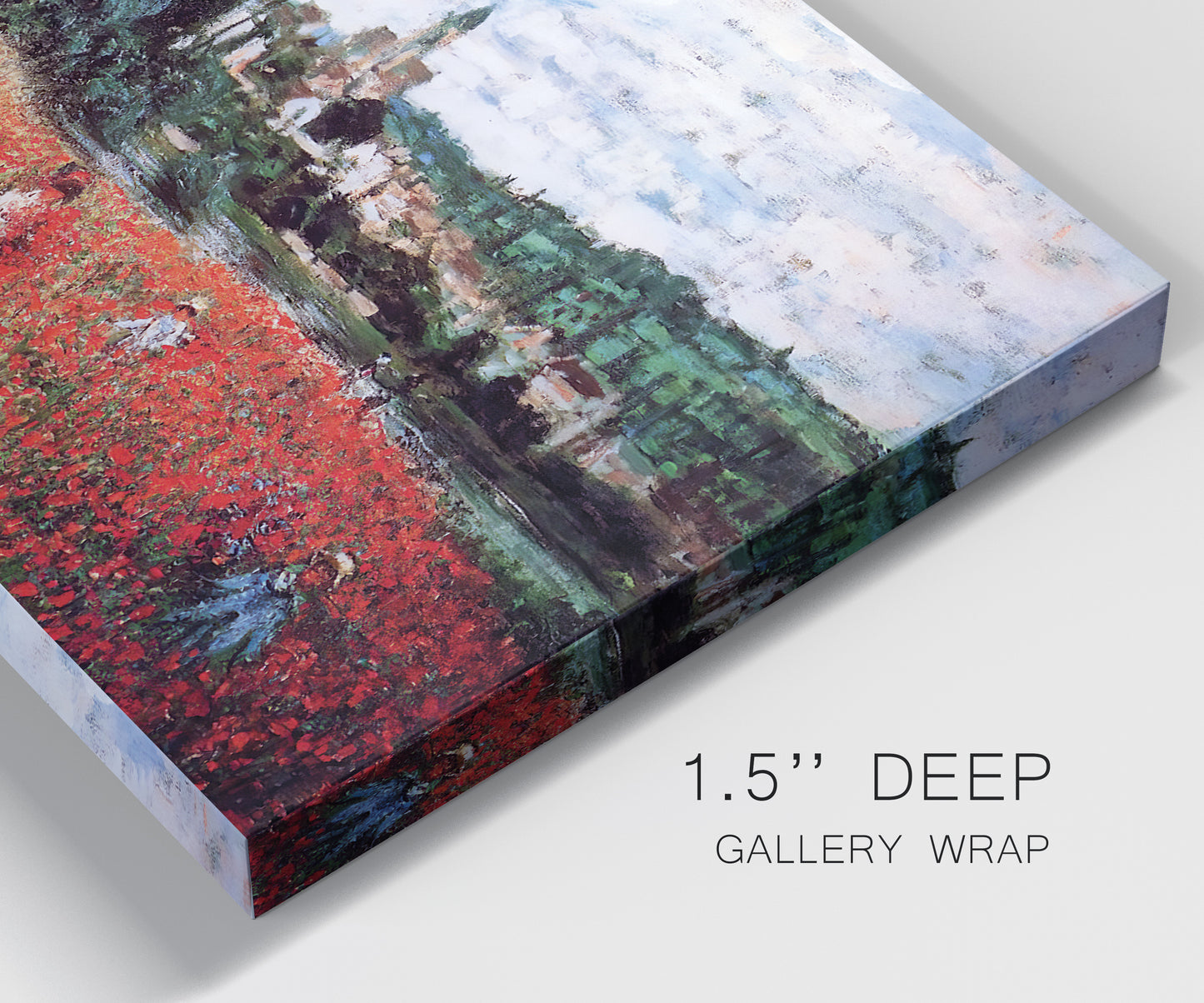 Close-up view of wrapped canvas corner featuring poppy field beside village landscape.