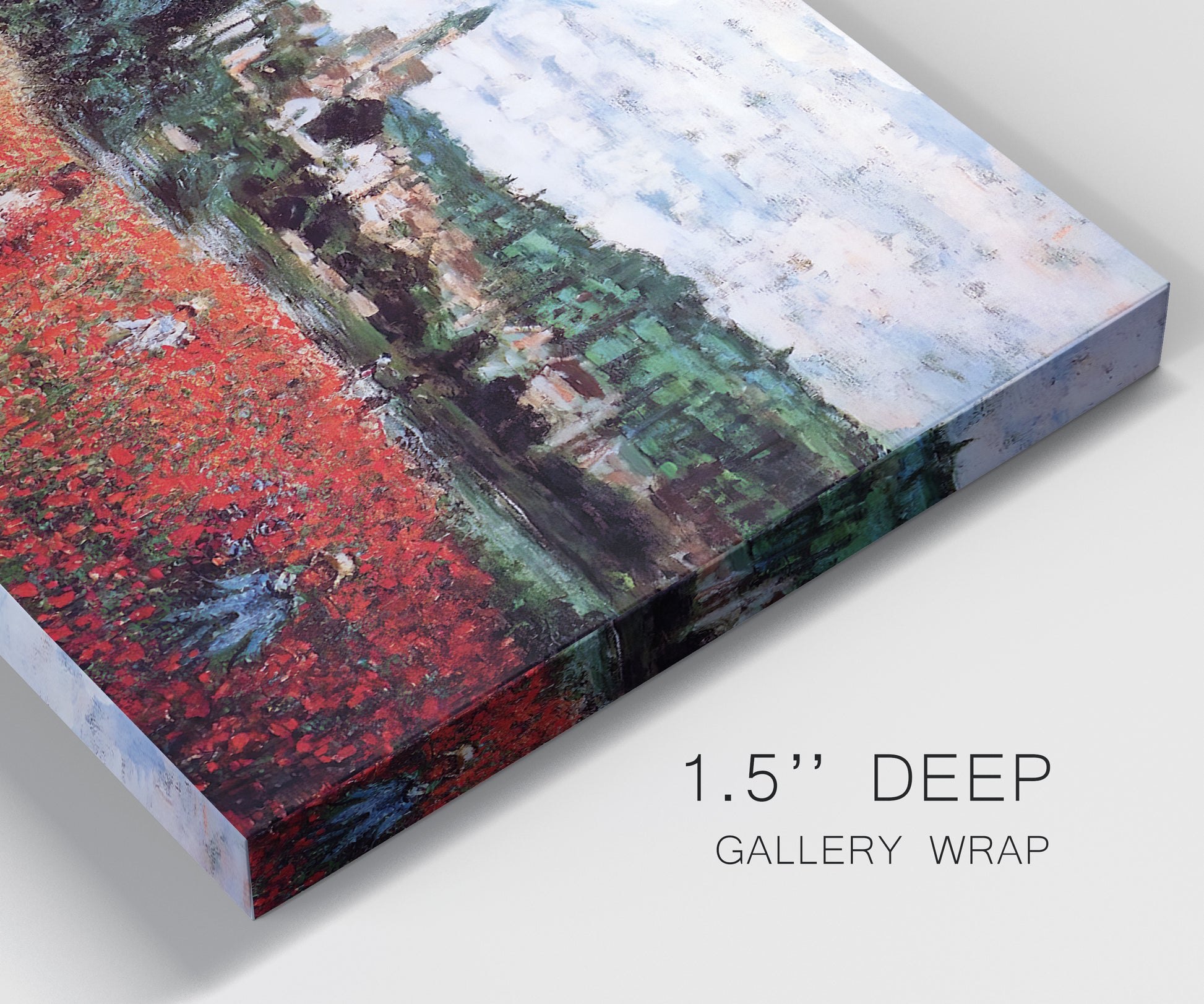 Close-up view of wrapped canvas corner featuring poppy field beside village landscape.