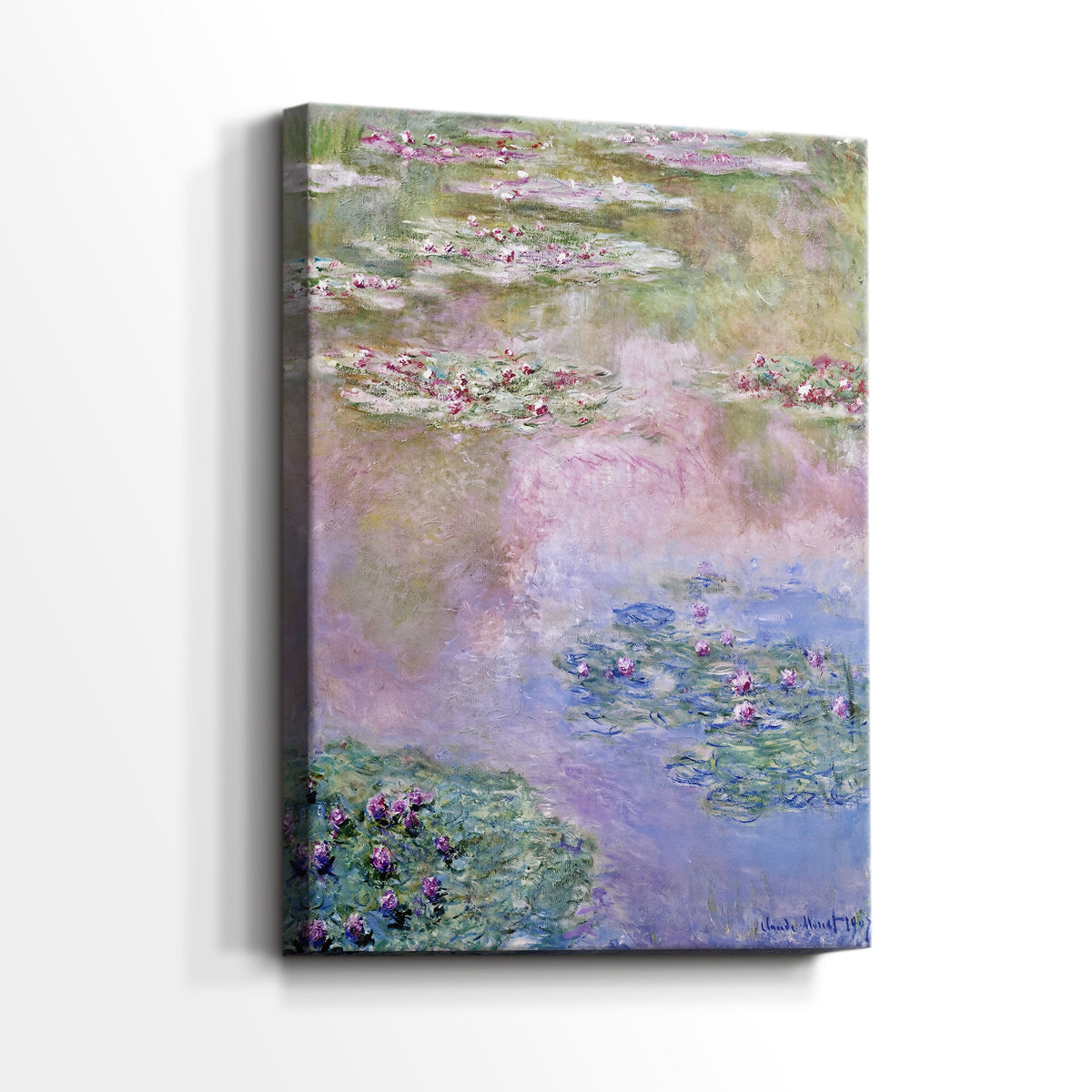 Side view of a canvas art print of a peaceful water landscape with abstracted floral forms, showing gallery-wrapped depth.