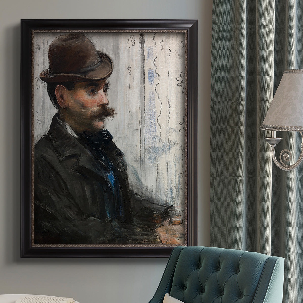 Impressionist portrait of a seated man by Édouard Manet in an {frame_style_descriptor} displayed in a neutral interior setting.