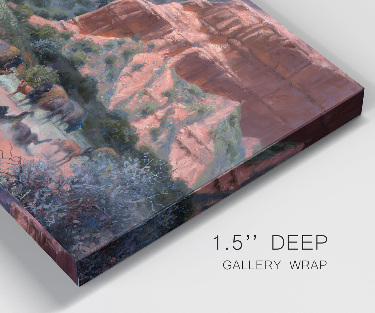 Close-up view of wrapped canvas corner featuring rugged canyon landscape with wildlife.