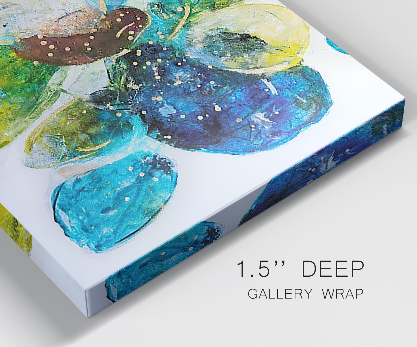 Close-up view of wrapped canvas corner featuring expressive abstract color interpretations.