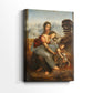 Side view of a canvas art print of a classical composition with figures and subtle landscape, showing gallery-wrapped depth.