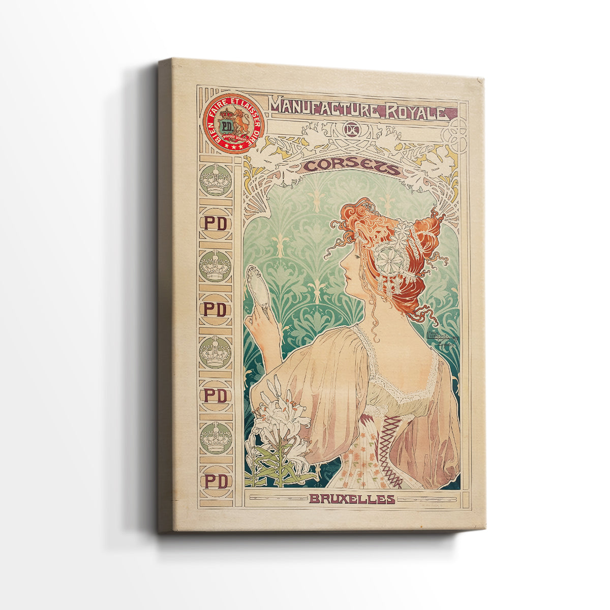 Side view of a canvas art print of a decorative poster with elegant female figure and flowing lines, showing gallery-wrapped depth.