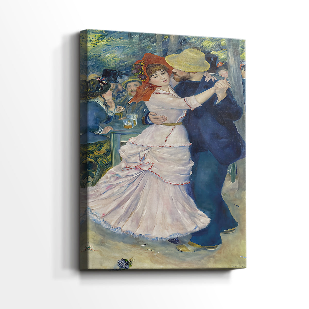 Side view of a canvas art print of a Romantic moment with fluid brushstrokes and soft color palette, showing gallery-wrapped depth.