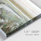 Close-up view of wrapped canvas corner featuring pastoral fields under soft sunrise.