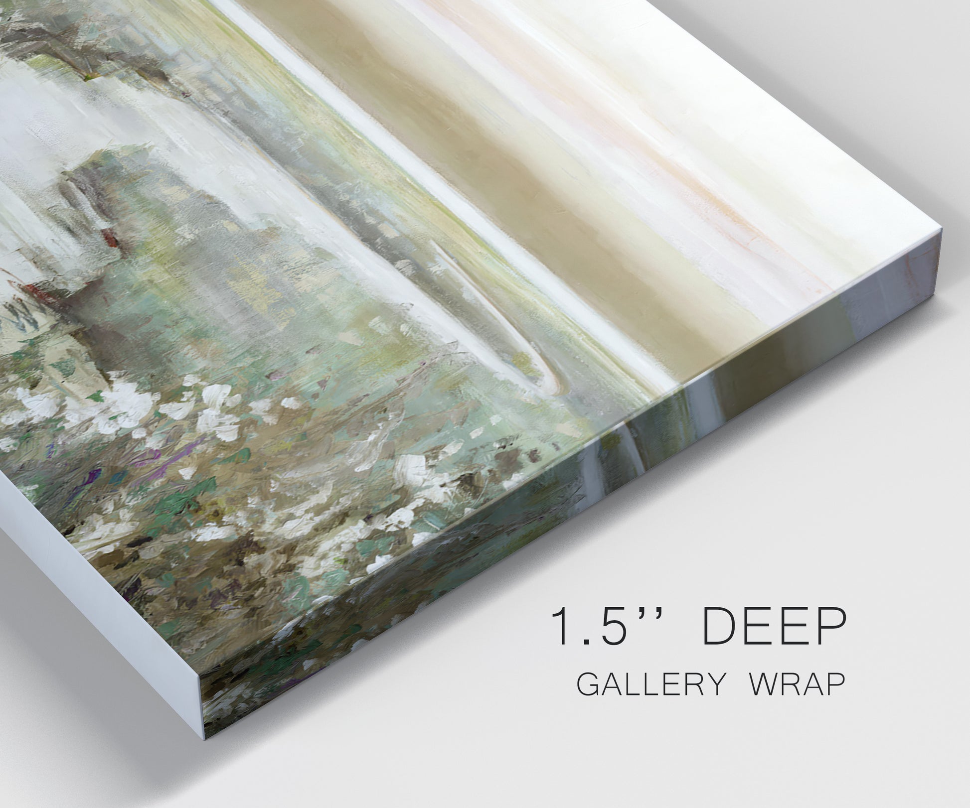 Close-up view of wrapped canvas corner featuring pastoral fields under soft sunrise.
