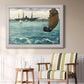 Impressionist naval seascape with the Kearsarge by Édouard Manet in an ornate weathered white frame displayed in a light-toned interior setting.