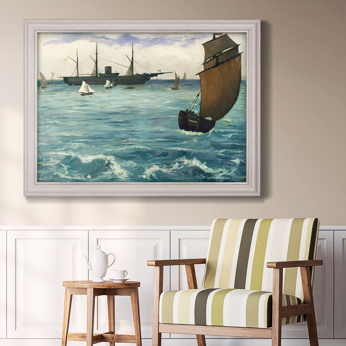 Impressionist naval seascape with the Kearsarge by Édouard Manet in an ornate weathered white frame displayed in a light-toned interior setting.
