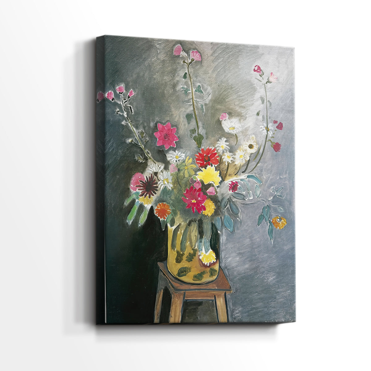 Side view of a canvas art print of a decorative bouquet with layered petals and bright palette, showing gallery-wrapped depth.