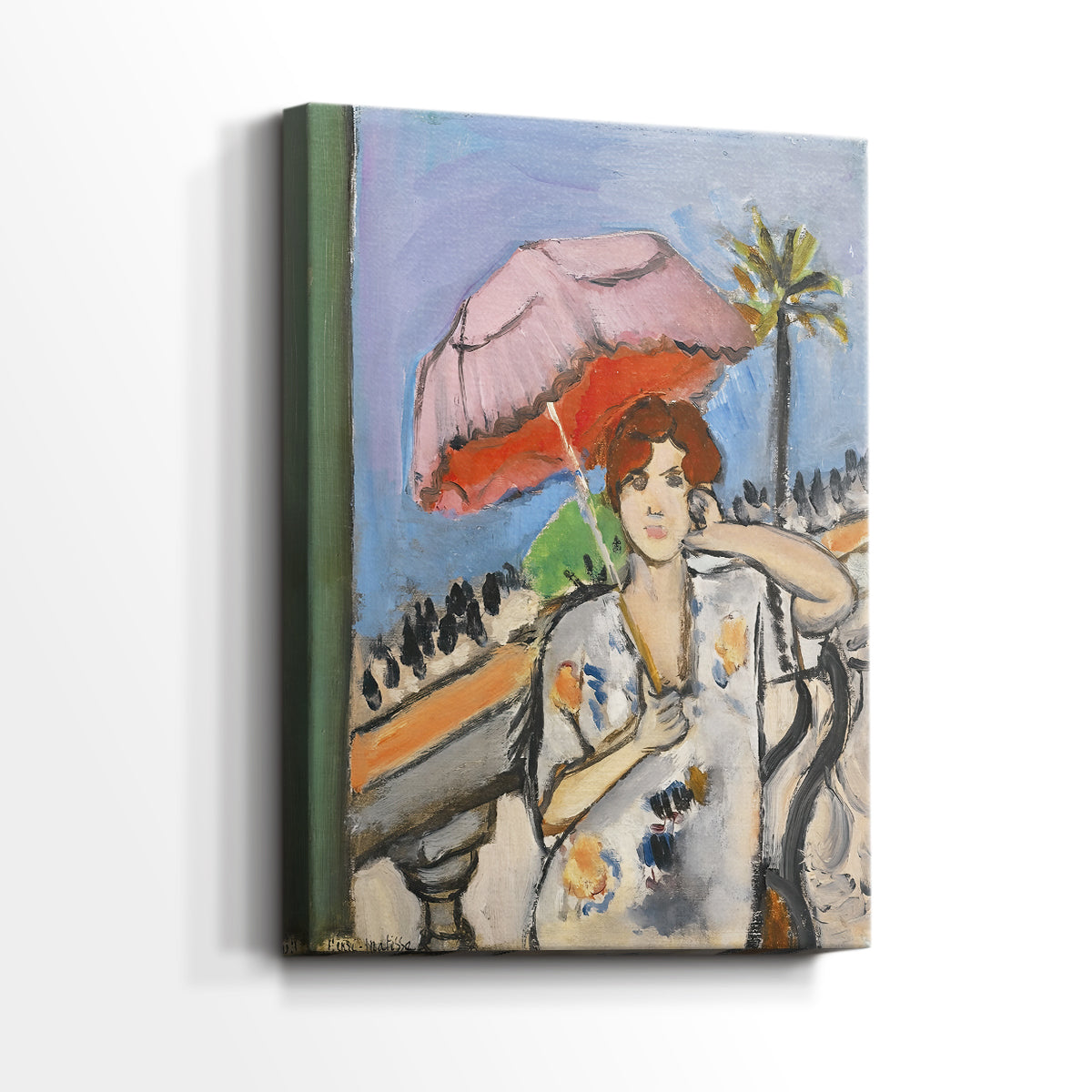 Side view of a canvas art print of a decorative composition with movement and bold color, showing gallery-wrapped depth.