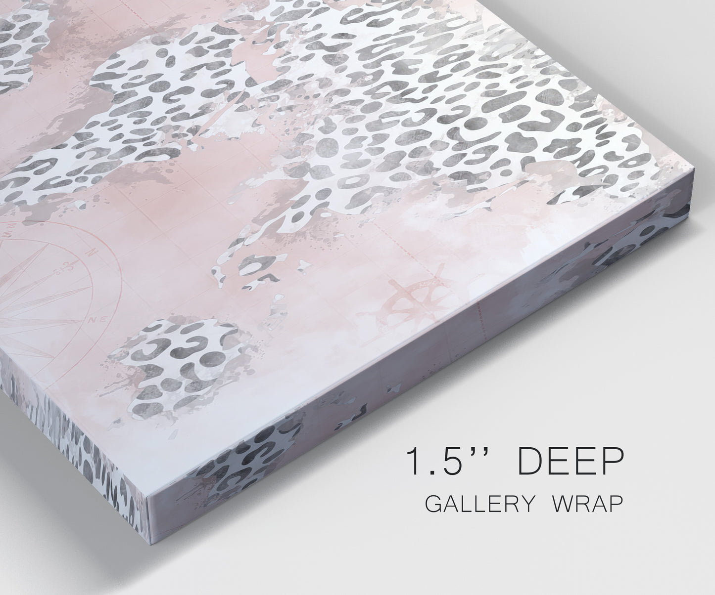 Close-up view of wrapped canvas corner featuring stylized pink cheetah world map.