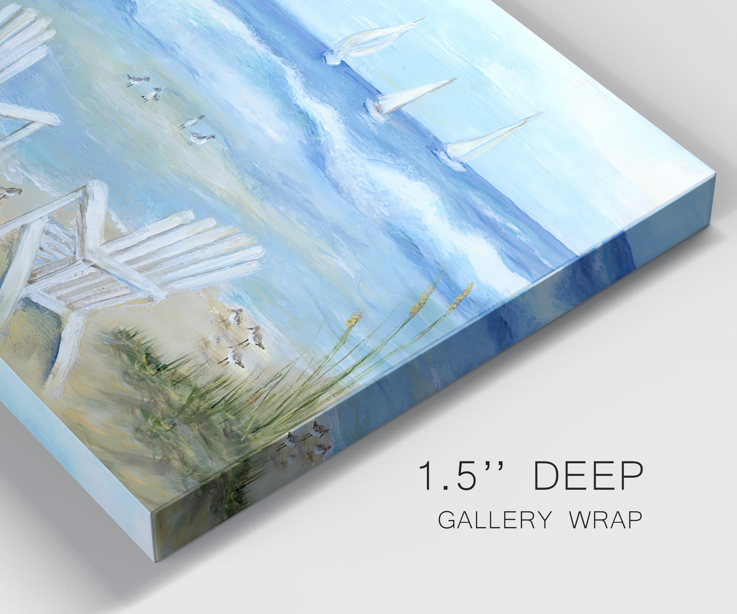 Close-up view of wrapped canvas corner featuring peaceful coastal landscape escape.