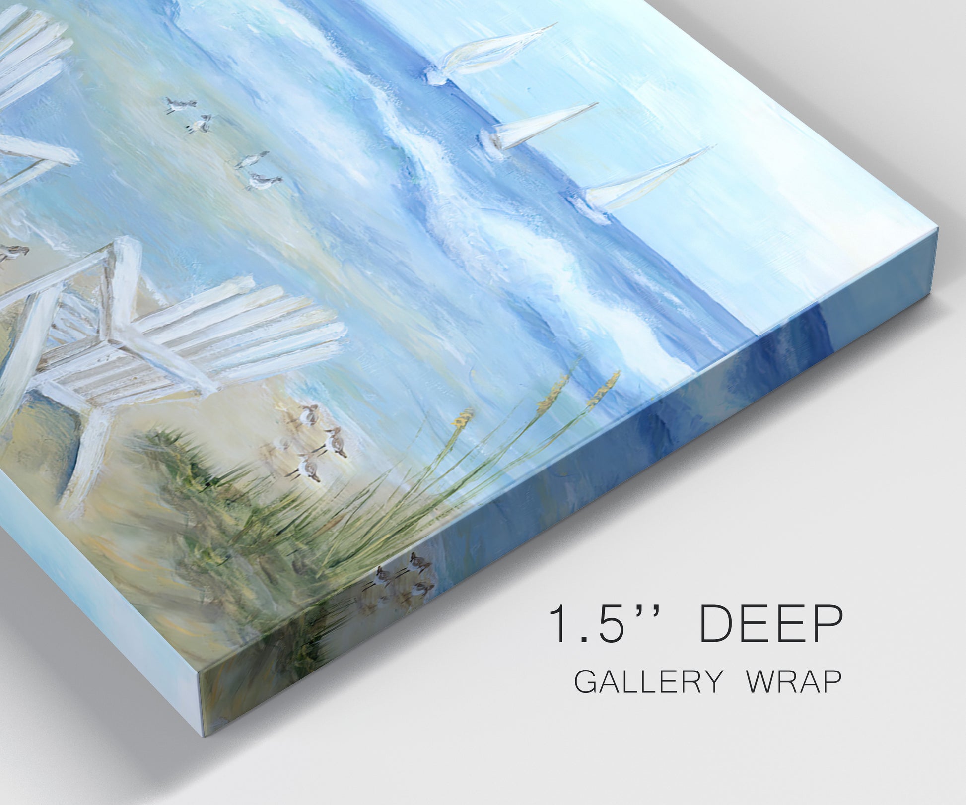 Close-up view of wrapped canvas corner featuring peaceful coastal landscape escape.