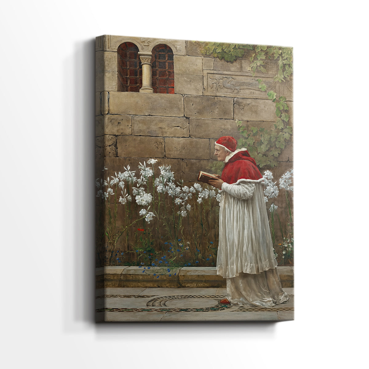Side view of a canvas art print of a refined portrait with strong vertical presence and detail, showing gallery-wrapped depth.