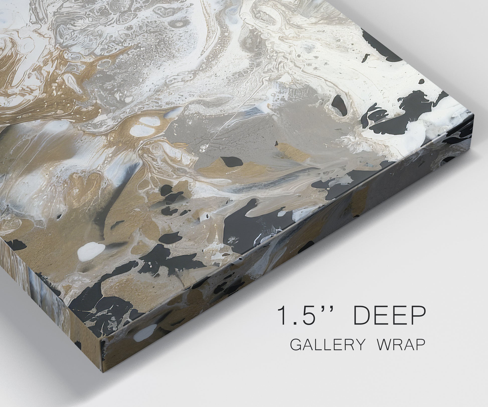 Close-up view of wrapped canvas corner featuring pale abstract mask like forms.