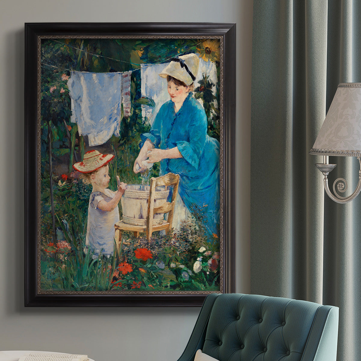 Intimate domestic genre scene by Édouard Manet in an {frame_style_descriptor} displayed in a neutral interior setting.