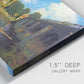 Close-up view of wrapped canvas corner featuring bridge crossing river landscape.