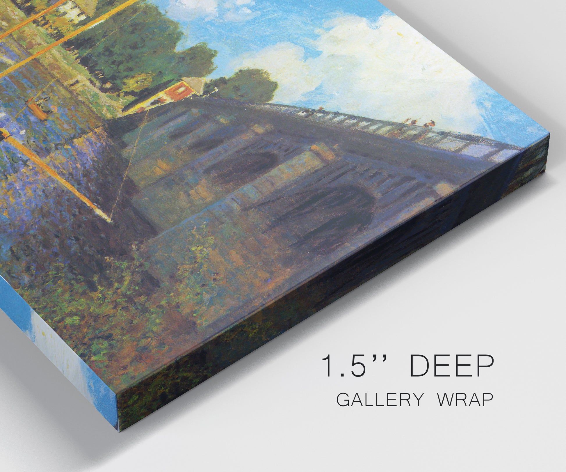 Close-up view of wrapped canvas corner featuring bridge crossing river landscape.