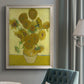 Impressionist sunflower still life painting by Vincent van Gogh in an {frame_style_descriptor} displayed in a neutral interior setting.