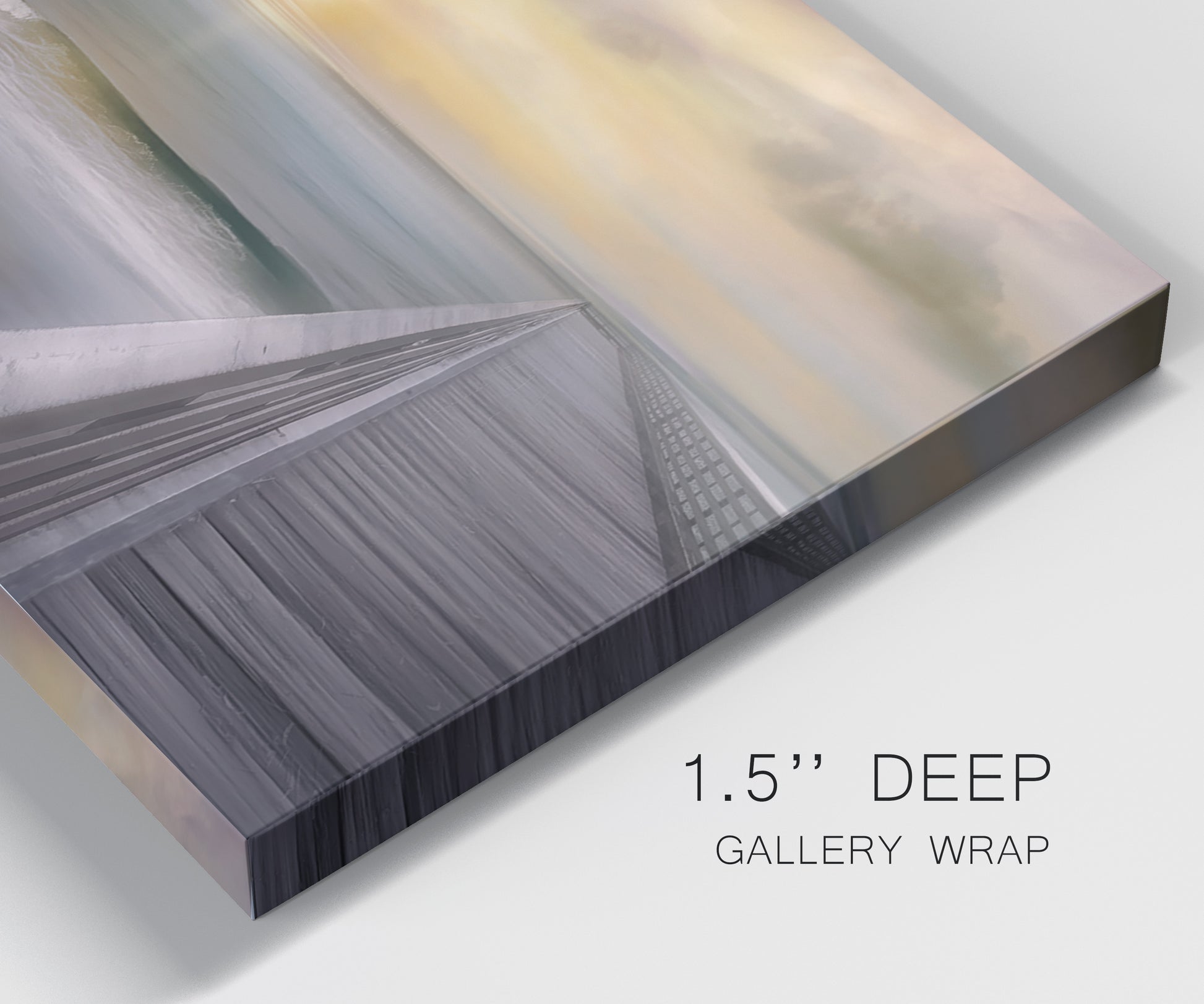 Close-up view of wrapped canvas corner featuring tropical beach at sunset photograph.