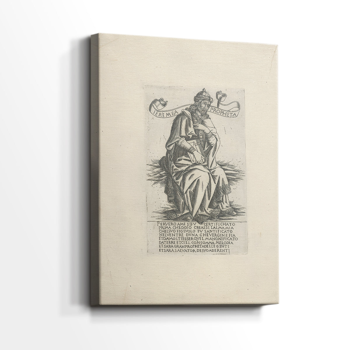 Side view of a canvas art print of a detailed illustration with minimal shading and strong outline, showing gallery-wrapped depth.