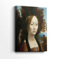 Side view of a canvas art print of a composed portrait with natural tones and calm presence, showing gallery-wrapped depth.